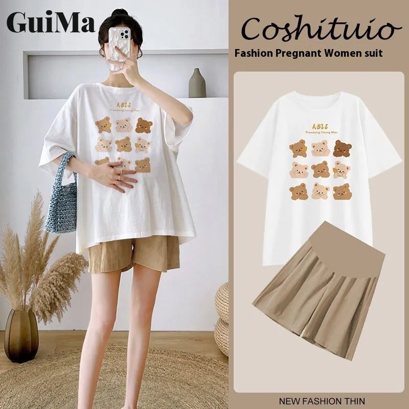 Bộ đồ hai mảnh quần áo bà bầu, rộng, quần đùi và áo tay ngắn in hình gấu dễ thương
