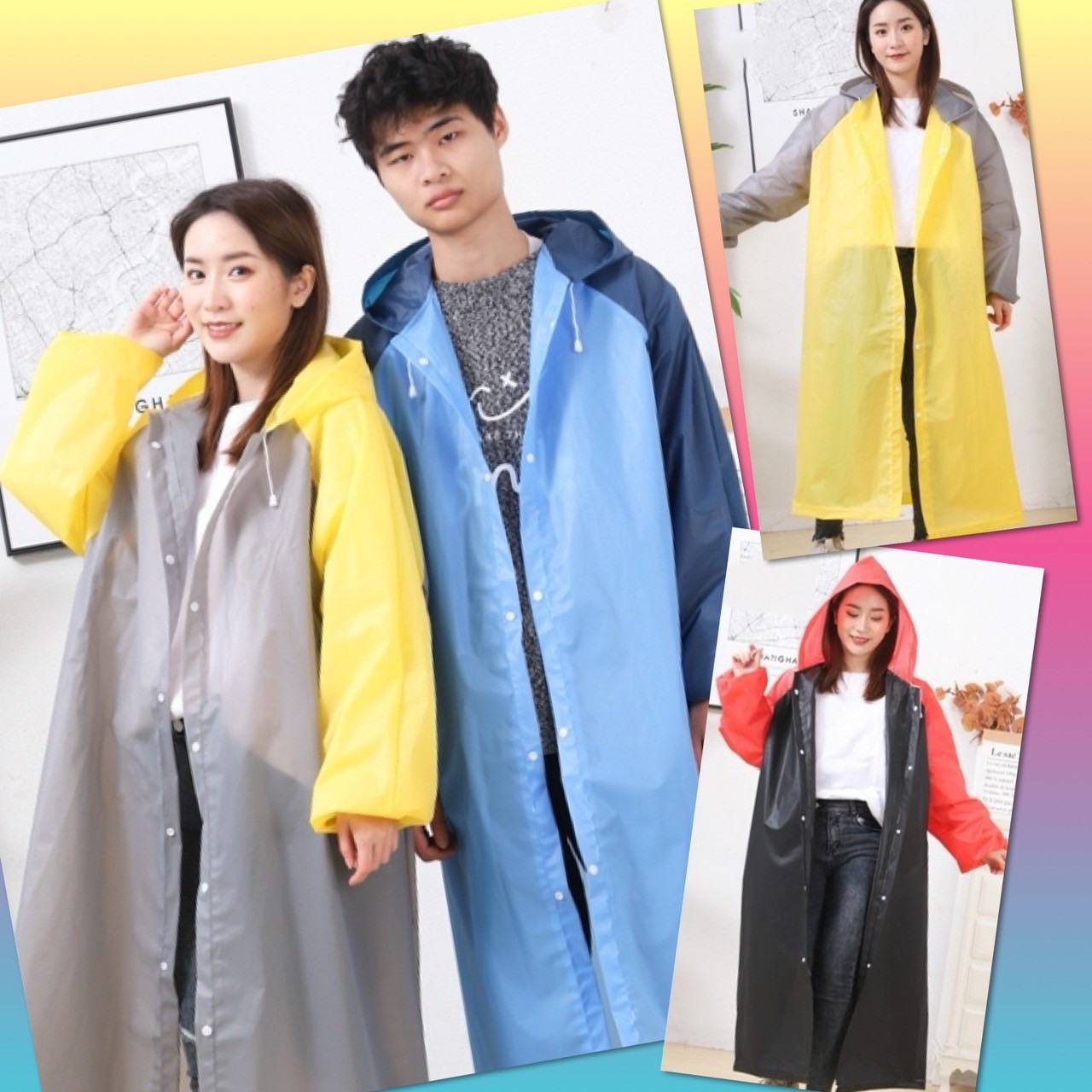 💢   Two-Tone Raincoat, Thick Raincoat, Eva Model, Multi-Colored, with Hood, Waterproof, Lightweight, Bright Colors, Fashionable Design, Korean Style. 💢
