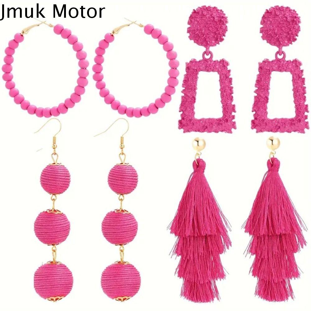 JMUK Màu hồng Bông Tai Vòng lủng lẳng Boho Phóng đại Bông tai thả lủng lẳng Y2K Dễ thương Hoa tai tua rua Quà sinh nhật