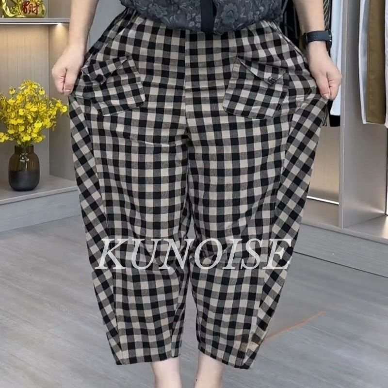 KUNOISE Summer Thin Casual Pants New Fashion Slimming Harem Versatile Loose Plaid Pants plus Size Plump Girls Cropped Pants ราคา 140 บาท*ส่งฟรี