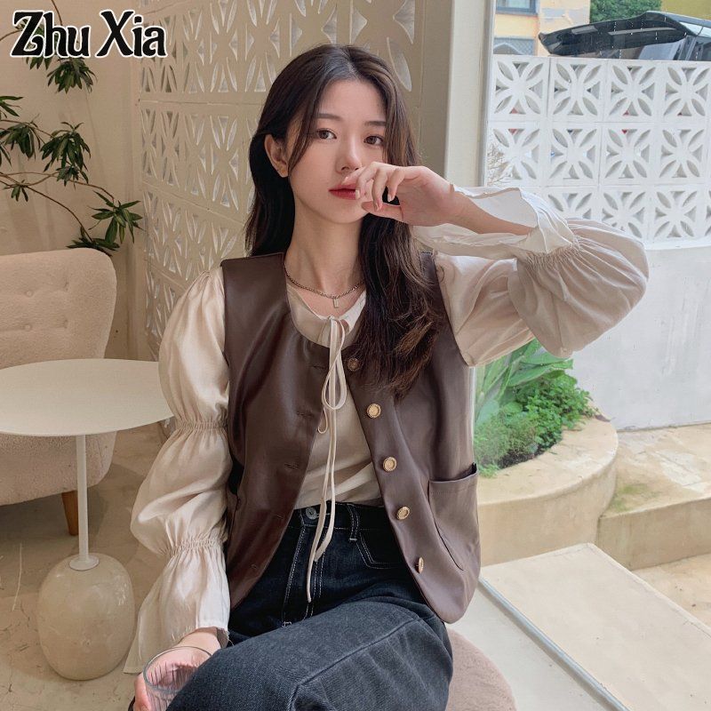 Zhu XIA Áo Vest Nữ Áo chất liệu da Pu không tay retro Áo vest mùa thu 2023 phong cách Hàn Quốc mới thời trang đa năng cao và Áo ghi lê dáng ôm cho nữ