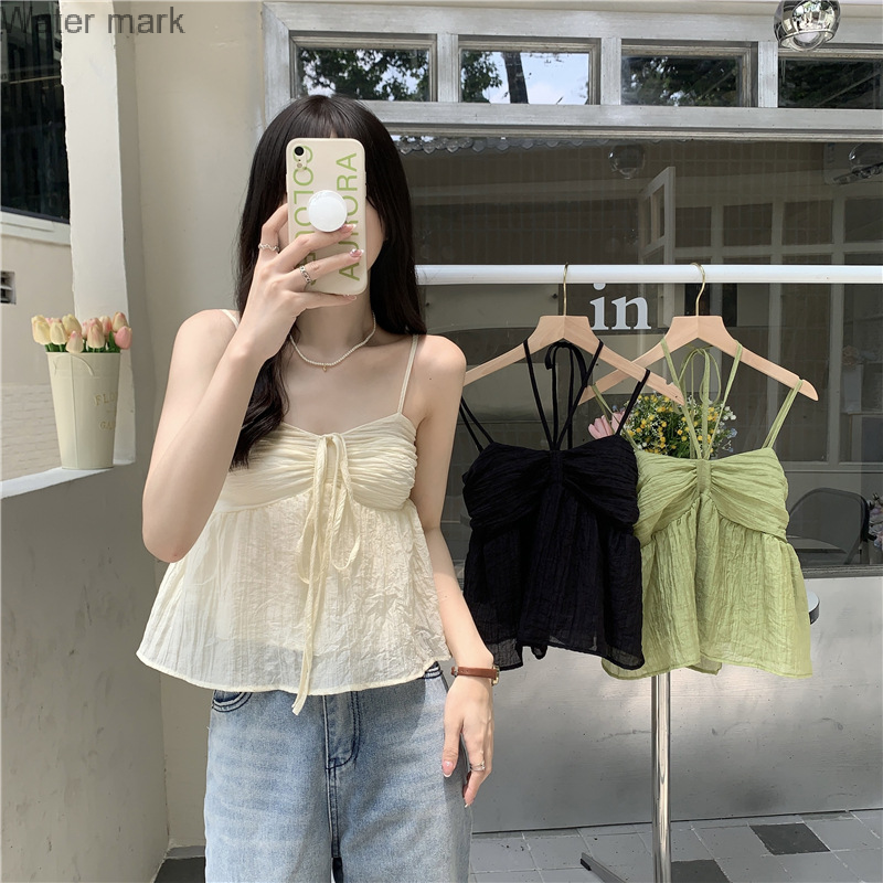 Summer new style solid color small fresh French sling halter solid color sweet little vest to wear double layer small sling