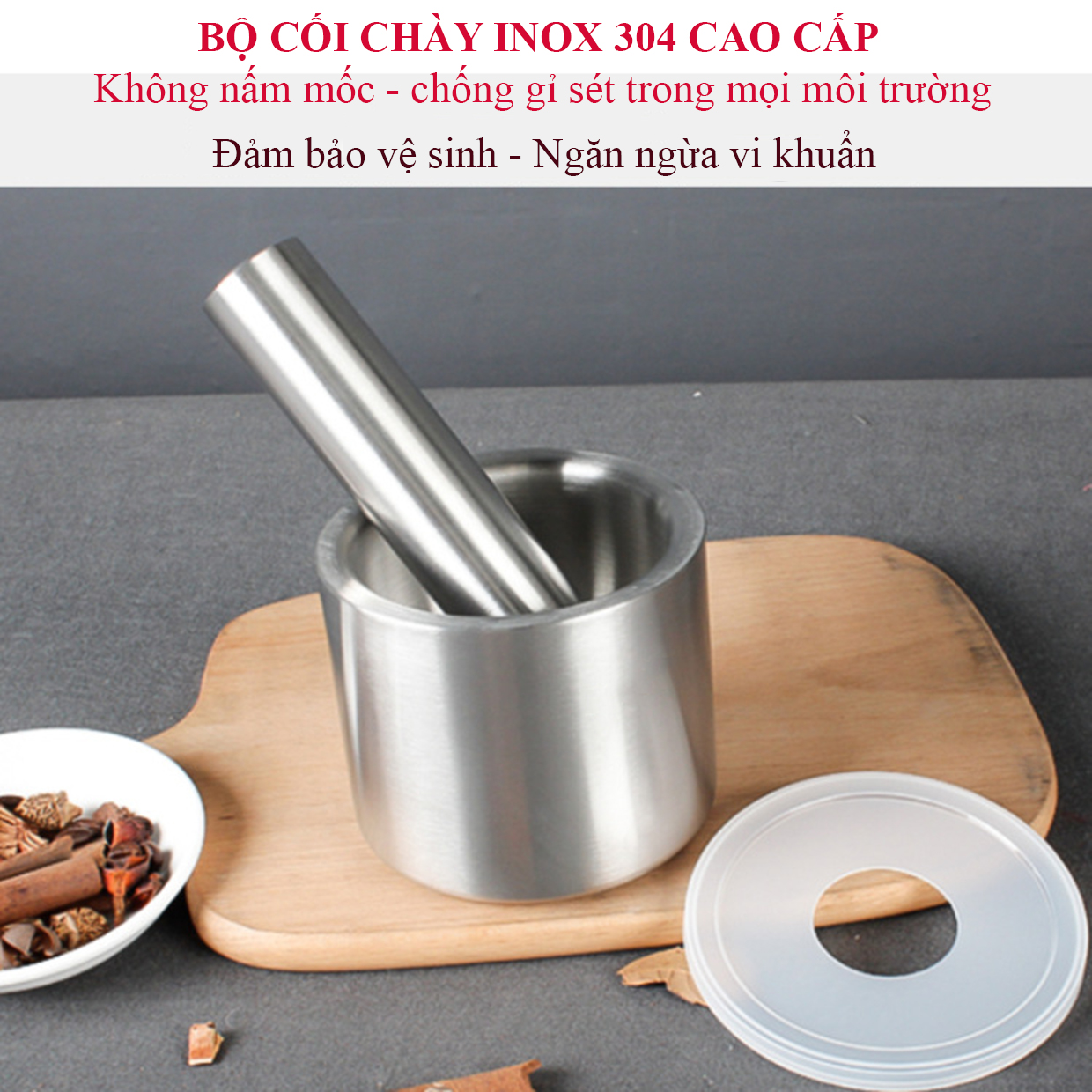 [Dày, Nặng] Bộ Chày Cối Inox 304 Đúc Nguyên Khối, Có Nắp Đậy - Hàng Cao Cấp Xuất Đức 0787774747