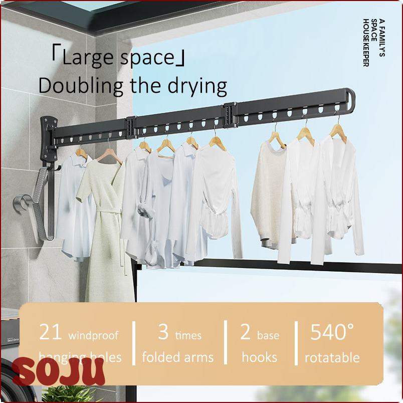 [SOJU] Aluminum Alloy Folding Drying Rack, Clothes Drying Rack, Foldable Telescopic Drying Rack, Wall-mounted Collapsible clothes dryer ☆ ราคา  3,385 บาท*ส่งฟรี