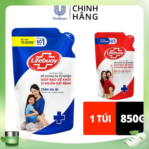 Sữa tắm Lifebuoy túi 850g dưỡng ẩm mềm mịn giúp bảo vệ khỏi 99.9% vi khuẩn và vi khuẩn lây lan trên da