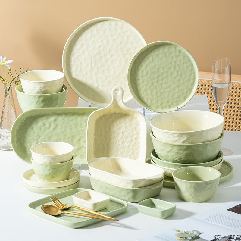 Bộ bát đĩa Vân Đá màu pastel xanh lá/ trắng kem , chén dĩa phong cách Bắc Âu