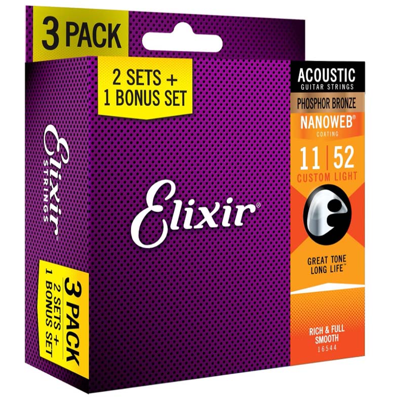 กีตาร์โปร่ง กีตาร์ไฟฟ้า อูคูเลเล่เสียงกังวานใส สายกีตาร์ Elixir รุ่น 16544/16539 Light 80/20 Bronze สายกีตาร์โปร่ง Nanoweb แพ็ค 3 สาย (.011-.052/.012.053) ราคา 399 บาท*ส่งฟรี
