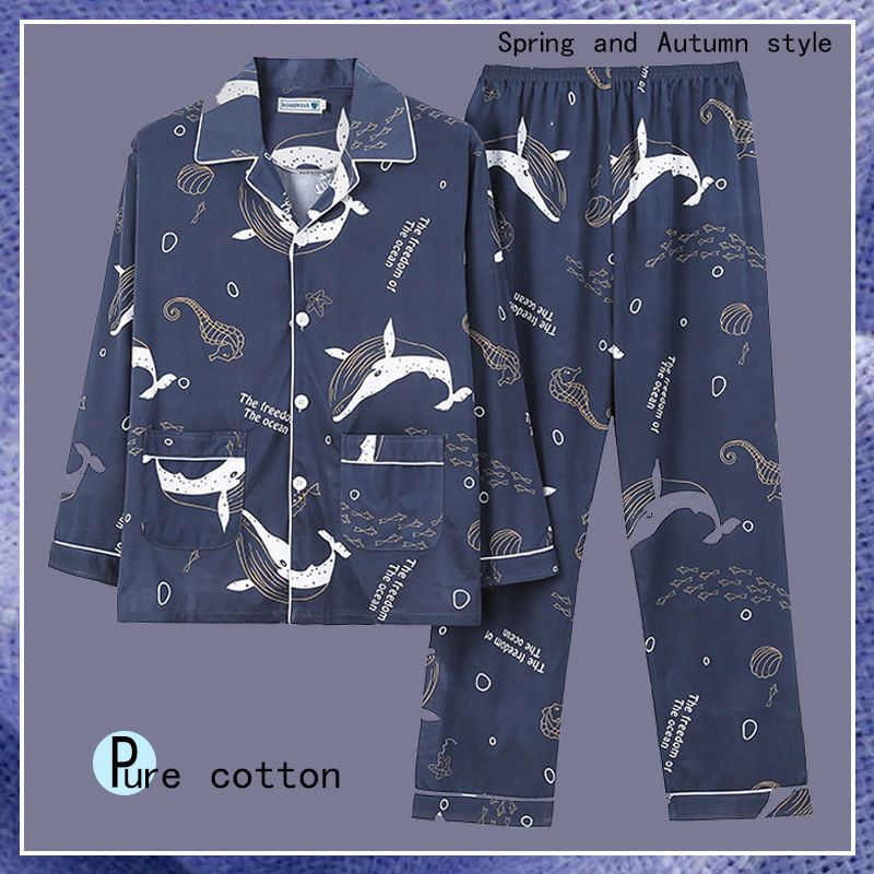 Cỡ lỡn 1 bộ đồ ngủ cho nam phong cách Hàn Quốc họa tiết hoạt hình dài tay đồ ngủ áo in + đồ ngủ quần dài