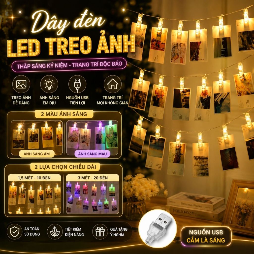 [ Xài Pin Hoặc Cắm Điện ] Dây Đèn Kẹp Ảnh 3M 20 Kẹp Có Đèn Led Phát Sáng Decor Trang Trí Kẹp Ảnh Nghệ Thuật