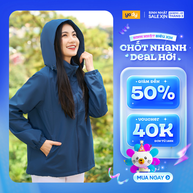 Áo khoác gió nữ YODY 3C Plus áo dù 2 lớp có mũ cản gió, cản bui, chống thấm nước AKN5040