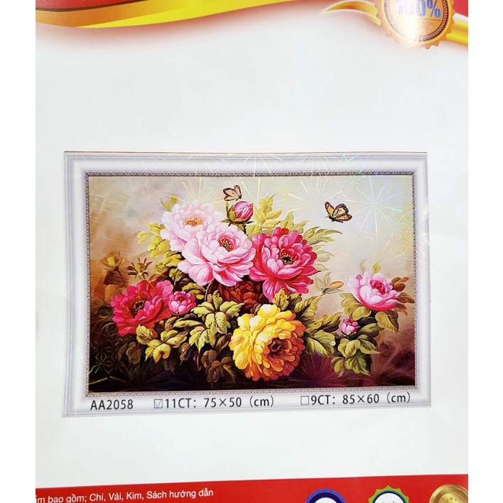 Tranh thêu chữ thập hoa mẫu đơn thêu kín AA2058
