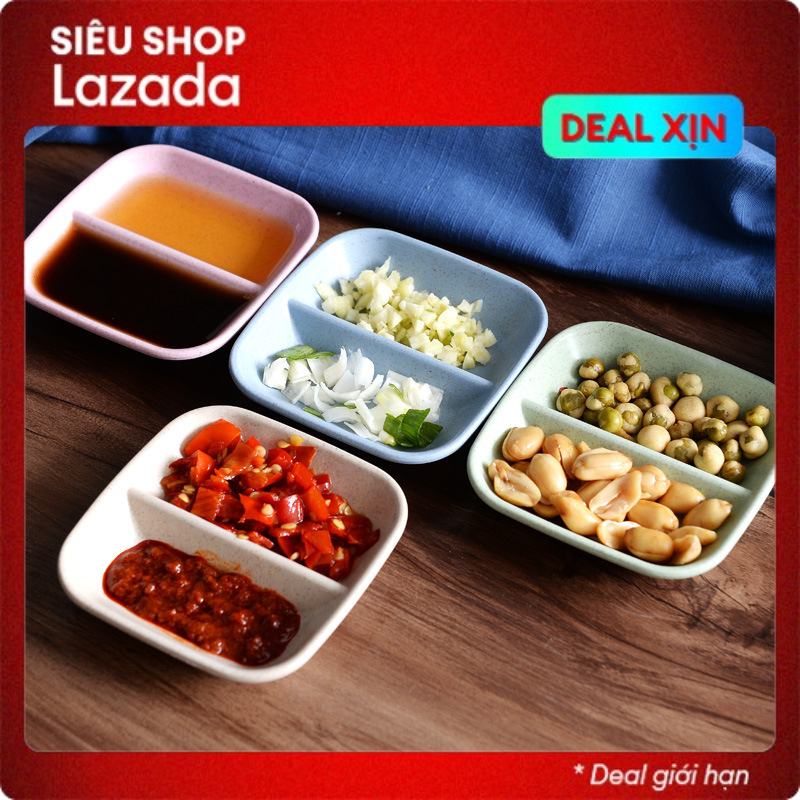 Set 4 Đĩa đựng gia vị 2 ngăn lúa mạch - Chén đựng nước chấm chia ngăn tiện dụng