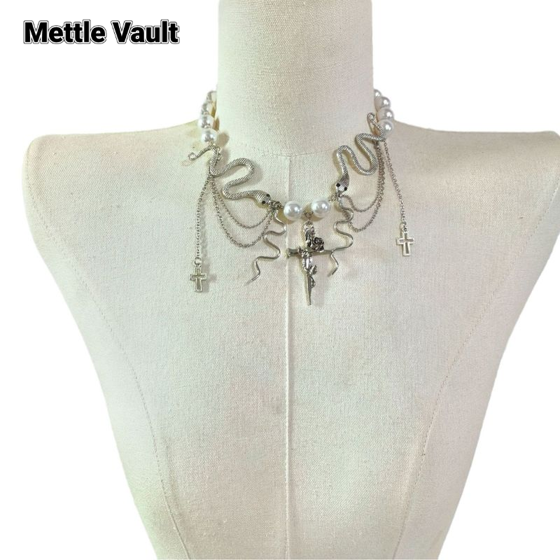 Mettle Vault Pearl Snake Choker Necklace with Cross Pendant, Gothic Chic Layered Design for Women ราคา 77 บาท*ส่งฟรี