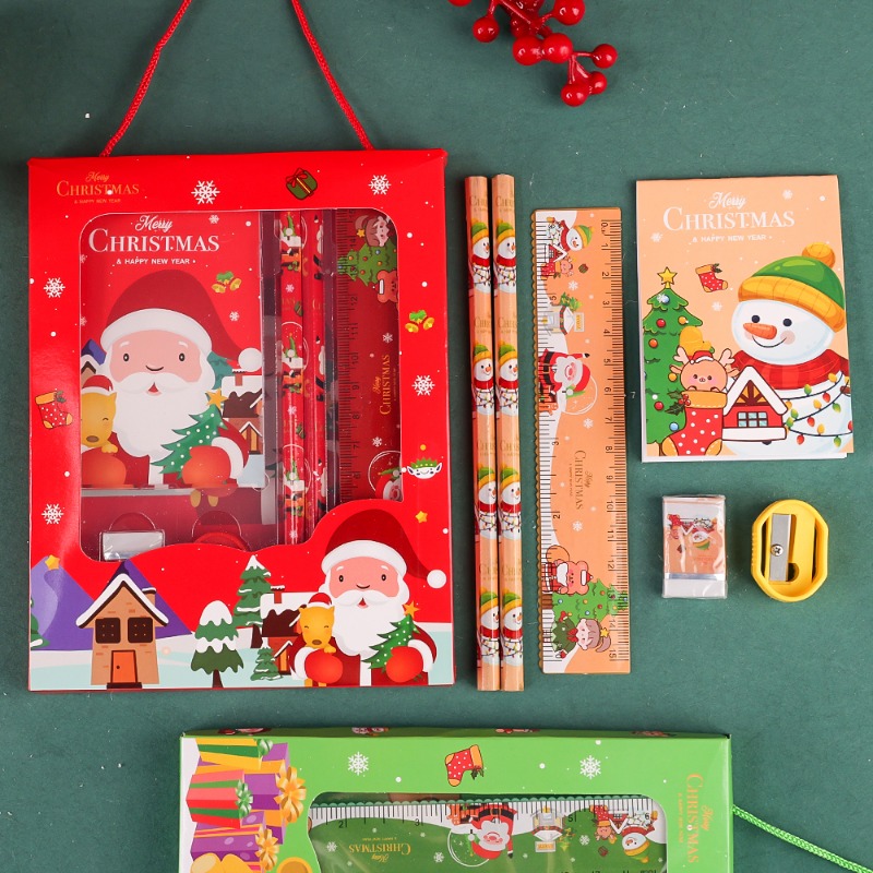 6Pcs set Christmas Stationery Series Ruler + Pencil + Eraser + Pencil