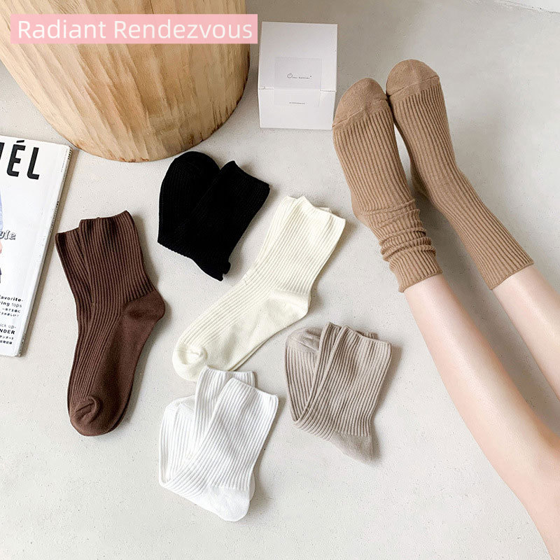 Captivating Curiosities kid socks Cream color socks forChildren Korean style mid-tube striped socks long tube autumn warm Japanese style all-match solid color socks pile ราคา  31 บาท*ส่งฟรี