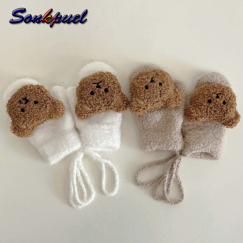 Sonkpuel 1-4Y Cartoon Bear Baby Mittens Winter Warm Kids Baby Girl Gloves