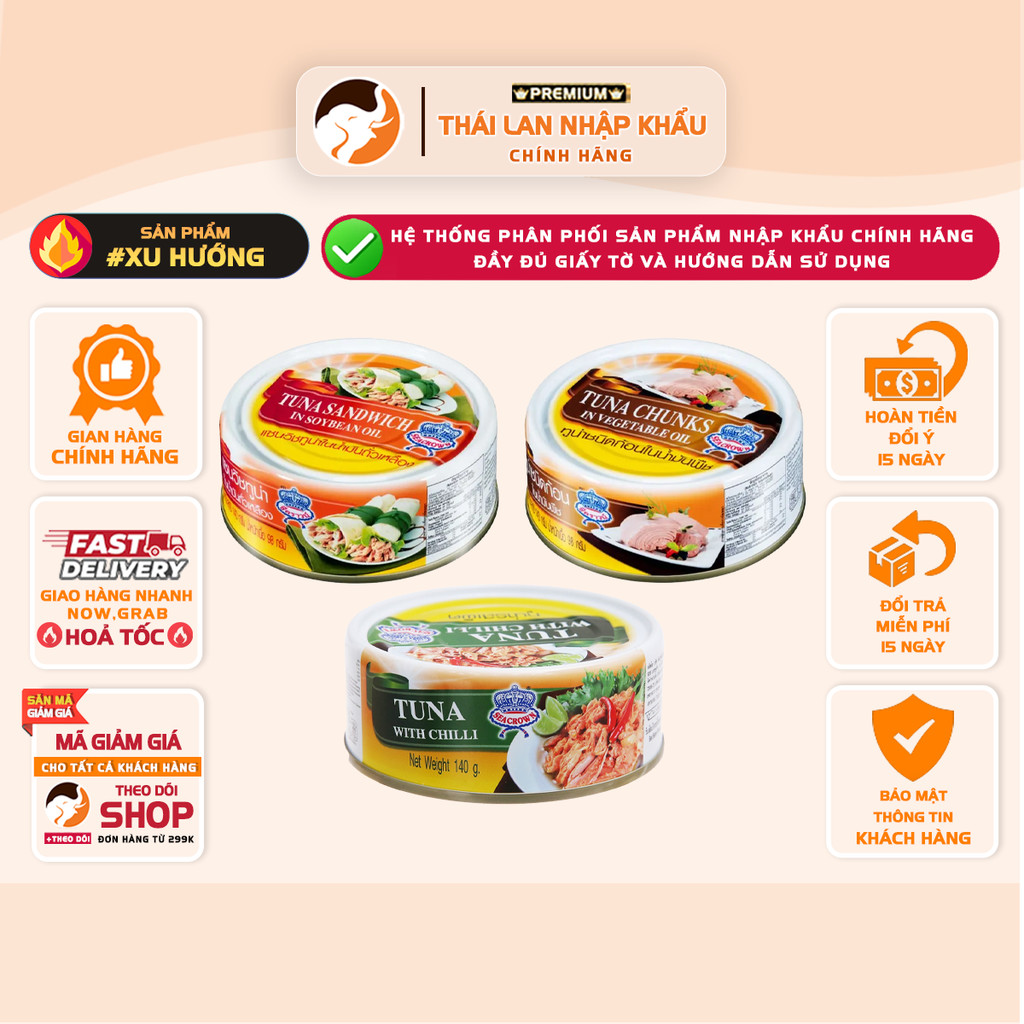 [NHẬP THÁI] [3 HỘP] Cá Ngừ Sea Crown 140g – Sốt Ớt / Ngâm Dầu Thực Vật / Ngâm Dầu Đậu Nành