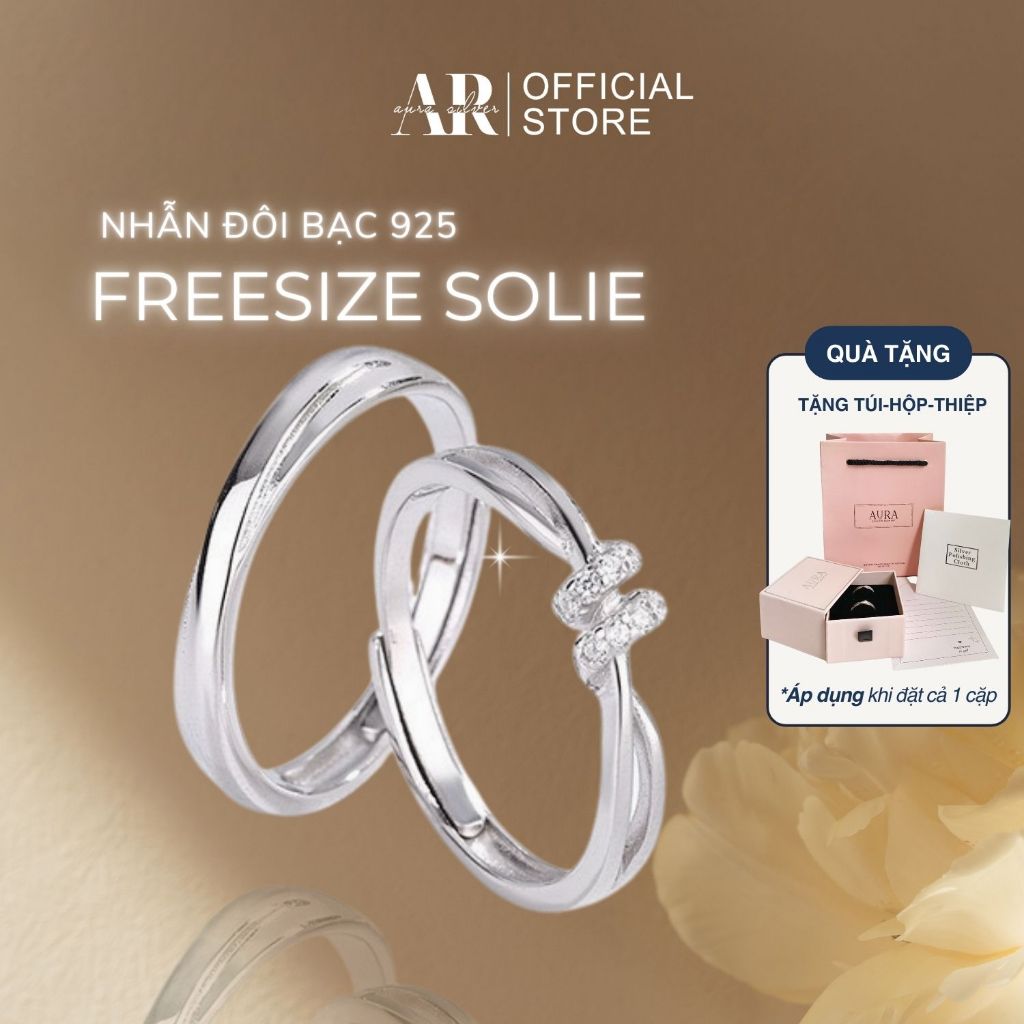 Nhẫn hẹn ước bạc Ý 925 nhẫn đôi nam nữ Promise Ring freesize cặp Solie tự chỉnh cỡ-Aura Silver-ND11