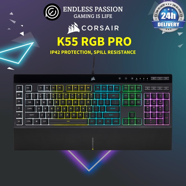 CORSAIR K55 RGB PRO Gaming Keyboard - Dynamic RGB Backlighting - Six Macro Keys with Elgato Stream Deck Software Integration - IP42 Dust and Spill Resistant - Detachable Palm Rest - Dedicated Media and Volume Keys Singapore