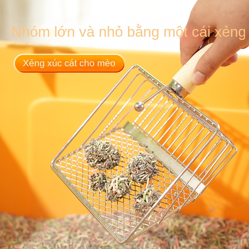 Xẻng cát mèo kim loại có tay cầm bằng gỗ, xẻng lỗ mịn bentonite cỡ lớn, xẻng cát mèo, xẻng phân mèo, đồ dùng cho mèo