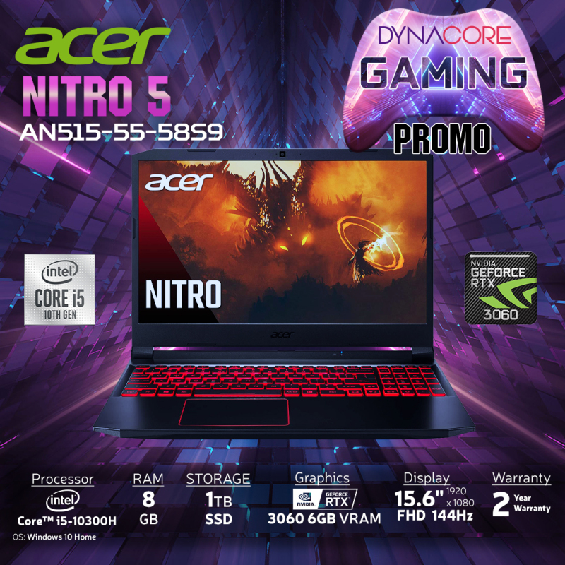 【DELIVERY IN 24 HOURS】DYNACORE - ACER Nitro 5 AN515-55-58S9 Gaming Laptop NH.QB2SG.009 i5-10300H | 8GB RAM | 1TB M.2 NVMe SSD | NVIDIA GeForce RTX-3060 | 15.6 FHD 144hz