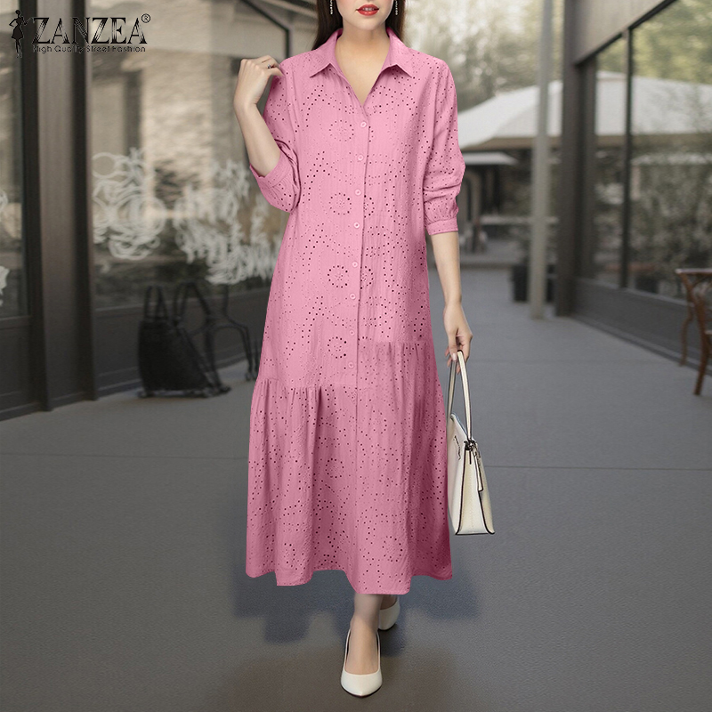 ZANZEA Korean Style Women Streetwear Fashion Lace A-Line Midi Dress Full Sleeve Shirt Collar Plain Dress #0407 ราคา 570 บาท*ส่งฟรี