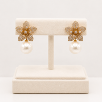 JACATEL Bloom Five Petal Pave Flower with Pearl Drop Earrings