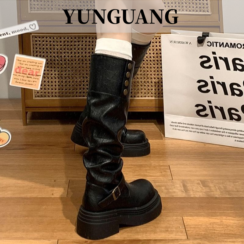 YUNGUANG Giày bốt dài đến đầu gối phong cách Anh cổ điển, đế dày và gót to cho nữ, thời trang tôn dáng, phù hợp mùa xuân và thu