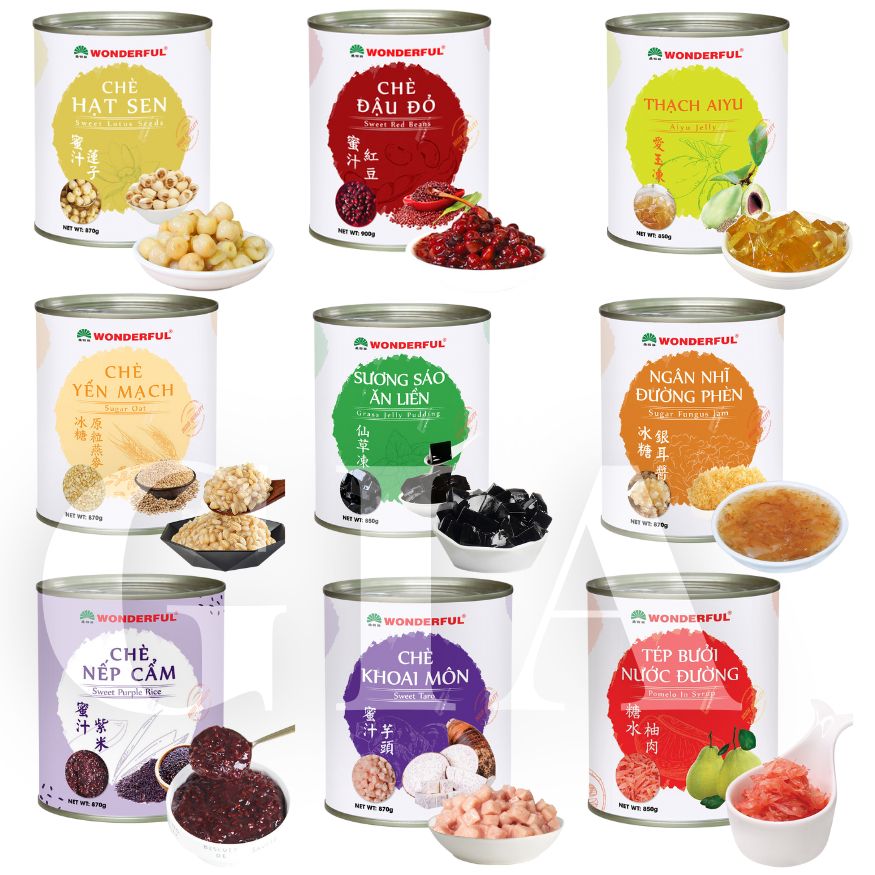 Thạch chè Wonderful lon 850g - aiyu, ngân nhĩ, nha đam, hạt sen, khoai môn, tép bưởi, khoai môn, yến mạch, sương sáo