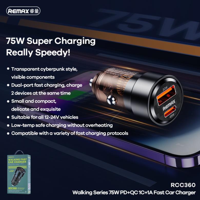 Củ sạc nhanh ô tô remax car charger 75w pd&qc rcc-360 sạc nhanh 20w 2 cổng 1 pd 1 usb tẩu xe hơi