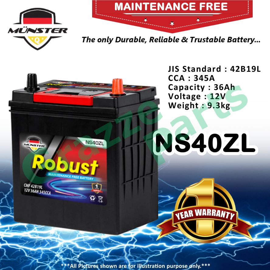 Mnster Robust MF CMF NS40 | NS40ZL | 42B19L (36AH) Battery Bateri Kereta Myvi Bezza Kancil Viva Axia