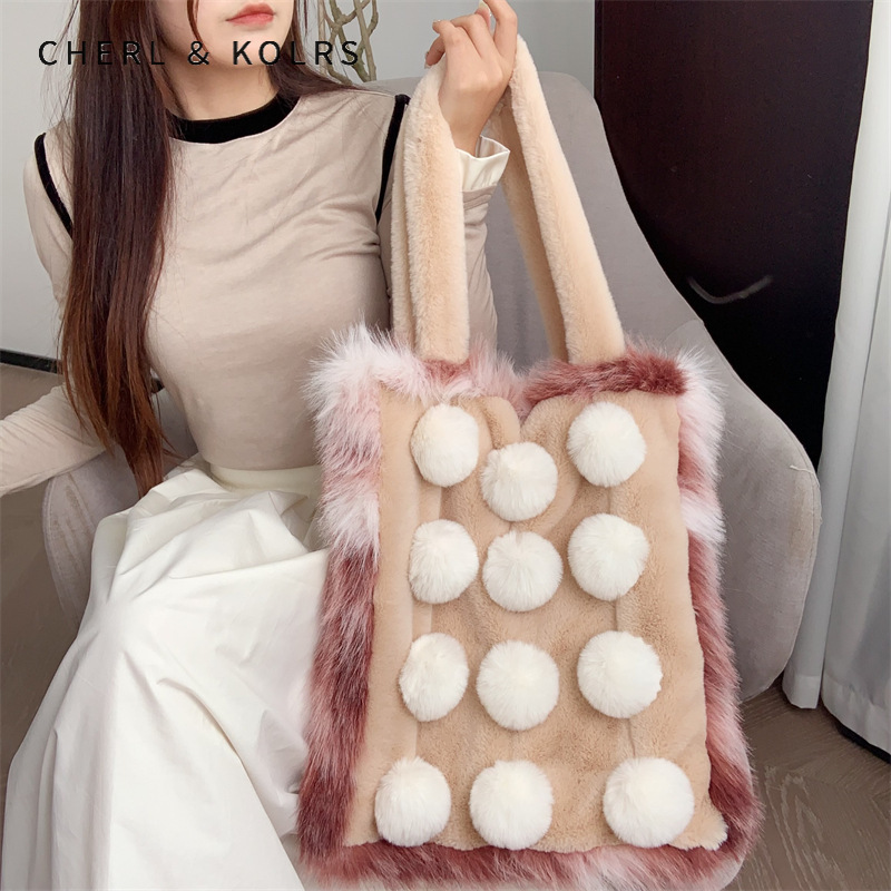 C & K Túi khoác vai dành cho nữ dung tích lớn túi vải nhung đối màu cục bông trang trí túi Tote