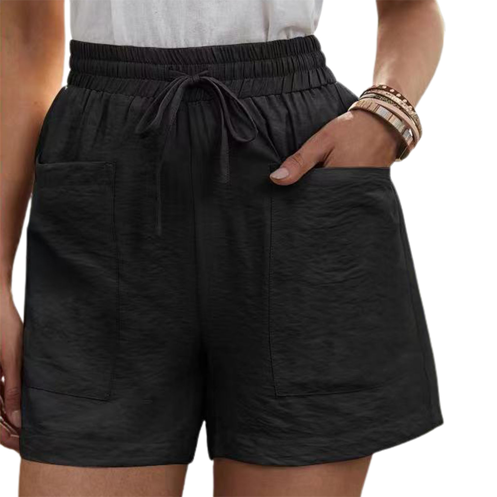 Phụ Nữ Giản Dị Quần Short đàn hồi thoáng khí dây rút eo màu trơn Cao Eo Túi mùa hè cho nữ quần ống ngắn thể thao Quần mặc hàng ngày