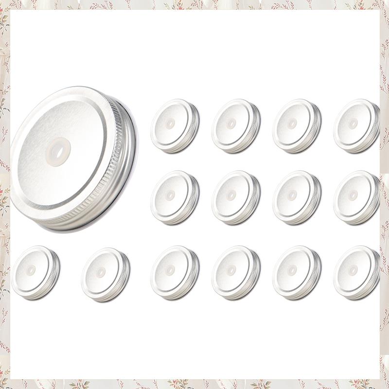 (VCNB) 15 Packs Stainless Steel Regular Mouth Silver Jar Lids with Straw Hole Compatible with Jar