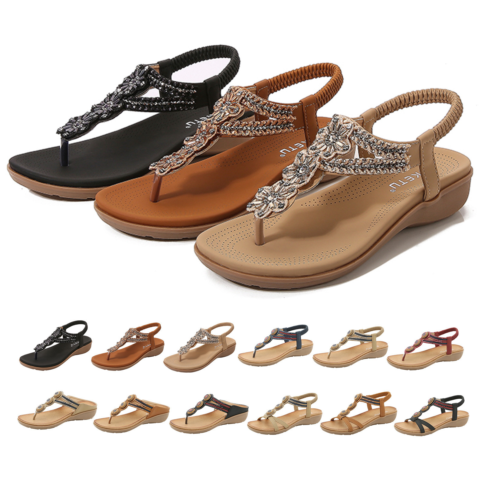 Crystal Strap Roman Wedges Studded Elastic Shoes For Womens Sandals