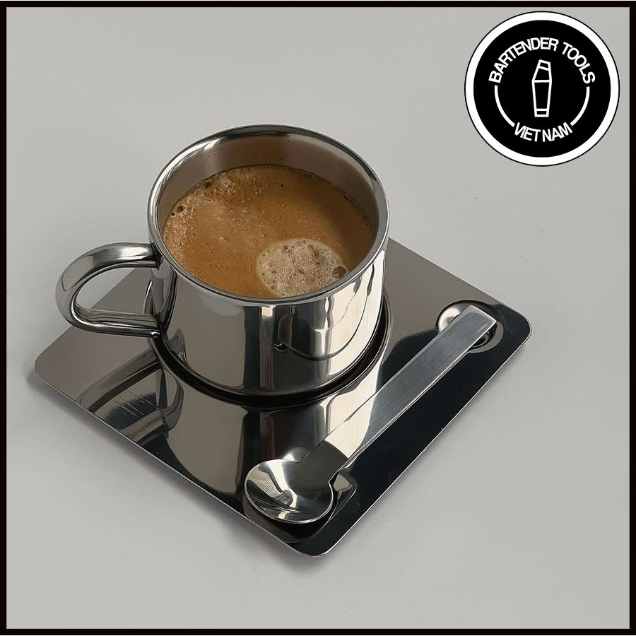 Tách cà phê inox 304 cách nhiệt 2 lớp kèm đĩa và thìa dung tích 200ml