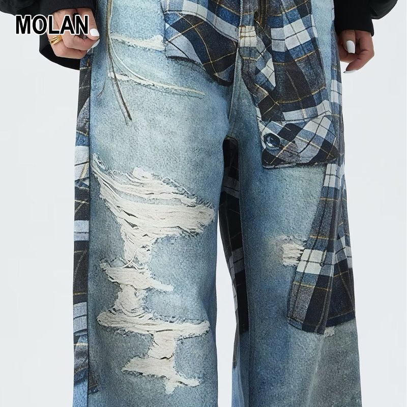 Quần Jeans Ống Rộng chắp vá có thể giặt phong cách retro 2025 mùa thu thiết kế mới thời trang giản dị phong cách quần dài sàn