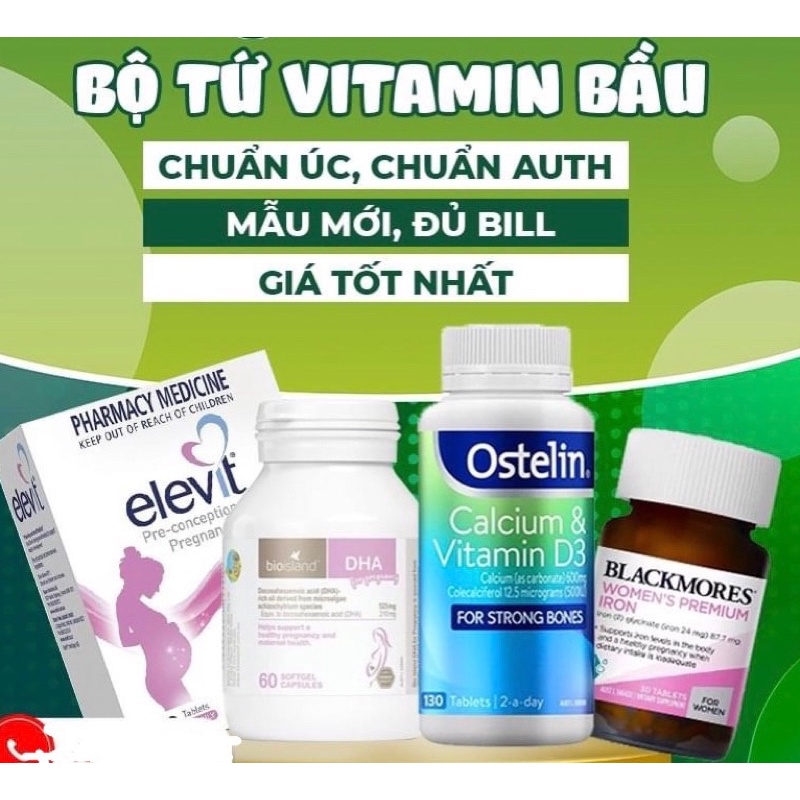 COMBO BẦU ÚC - BỘ TỨ Vitamin Úc - ELEVIT bầu, CANXI bầu, DHA bầu, SẮT bầu