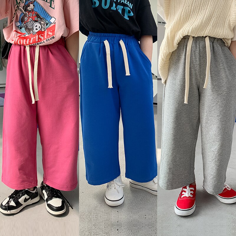 Trẻ Em Của Cotton quần ống đứng rộng 2023 Xuân Hè Mới Hàn Quốc bé trai và bé gái Giản Dị Quần Thụng wtp97