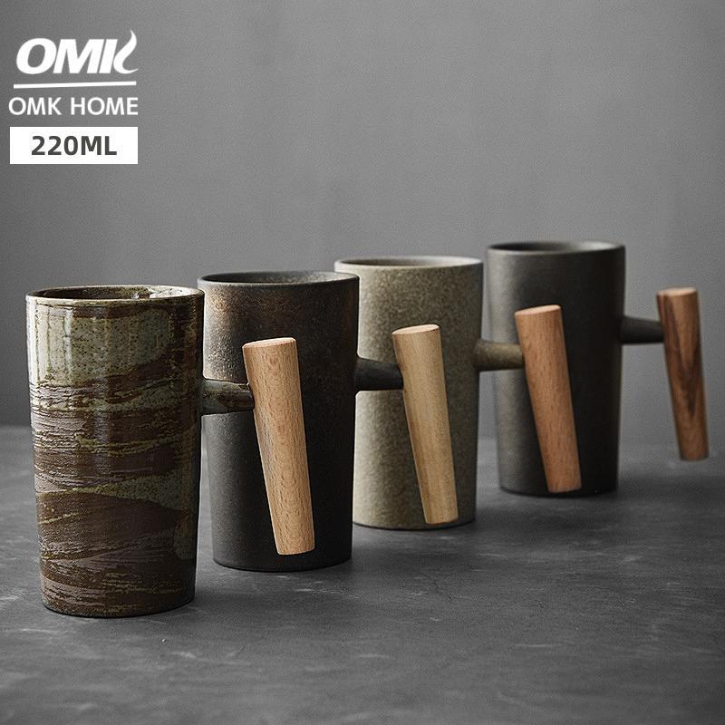 OMK American retro style ceramic 220ML mug Light Luxury Wooden Handle Coffee cup