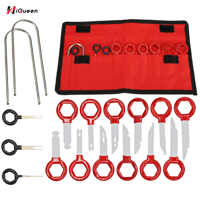 Hiqueen 17Pcs Đài Phát Thanh Bộ dụng cụ tháo bỏ Thiết Bị Đầu Cuối Loại Bỏ Chốt Đầu nối Ejector Hình Chữ U Công Cụ Kit Cho nội thất ô tô Sửa Đổi