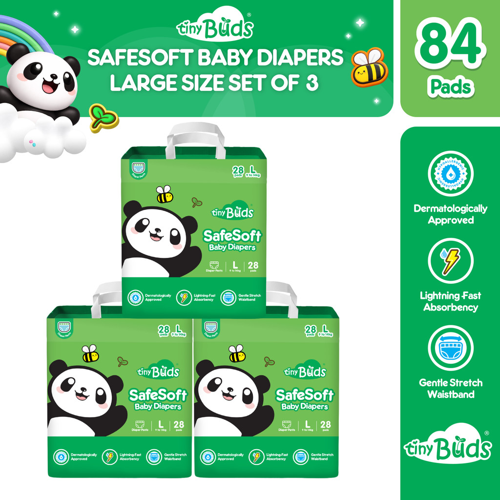 Tiny Buds Baby SafeSoft Pants Diaper Large L 9–14kg (Set of 3) | Hypoallergenic Double Leak Guard