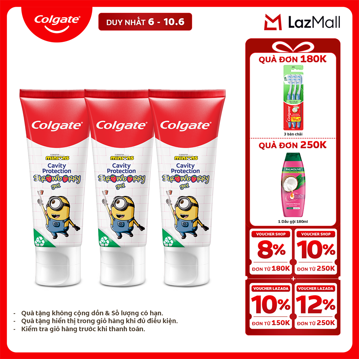 [Chỉ 6-10.6_X2 Voucher giảm 22%] Bộ 3 Kem đánh răng Colgate Minion cho trẻ em hương dâu 80g/tuýp