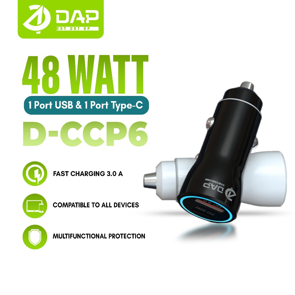 DAP D-CCP6 Car Charger 48 Watt ( PD 30 Watt QC 3.0A Dual Port USB & Type C )Fast Charging Harga 41,400 rupiah*Gratis Ongkir