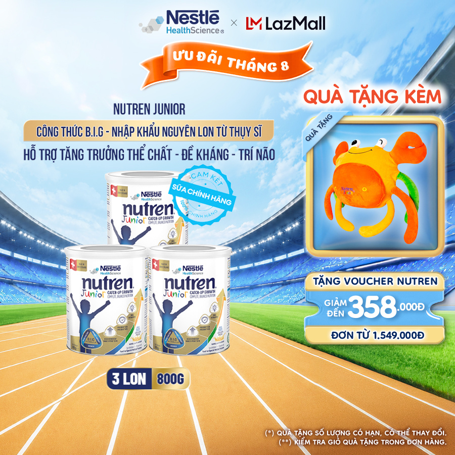 Bộ 3 Sữa Bột Dinh Dưỡng Y Học NESTLÉ NUTREN JUNIOR Xuất Xứ Thụy Sĩ Công Thức BIG Hỗ Trợ Tăng Trưởng Thể ChấtTrí NãoĐề Kháng Cho Bé 800G