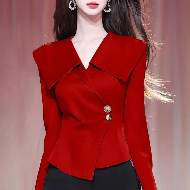 Luxqlo Áo kiểu màu đỏ phụ nữ dài tay áo Áo sơ mi văn phòng thời trang phong cách Hàn Quốc áo mỏng 20