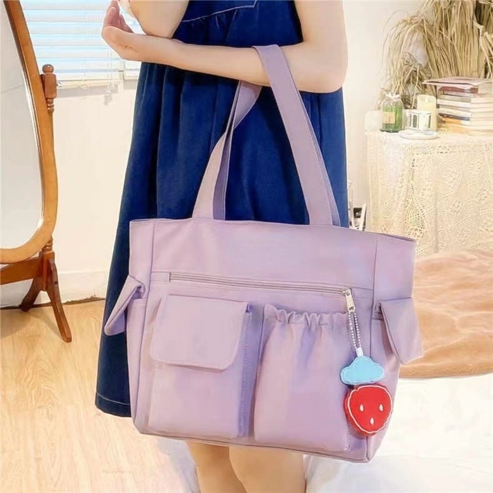 HERWK Màu sắc đồng nhất Túi Tote Canvas Dung lượng lớn Nylon Túi đeo vai Nhật Bản Đơn giản Phong cách Hàn Quốc Túi học sinh Ngoài trời - 4