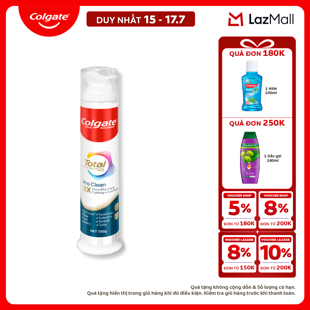 [Chỉ 15-17.7_Mua 2 tặng 1] [MỚI] Kem đánh răng Colgate vòi nhấn thông minh Total Pro Clean, khóa chân không hạn chế tiếp xúc vi khuẩn 130g/ ống