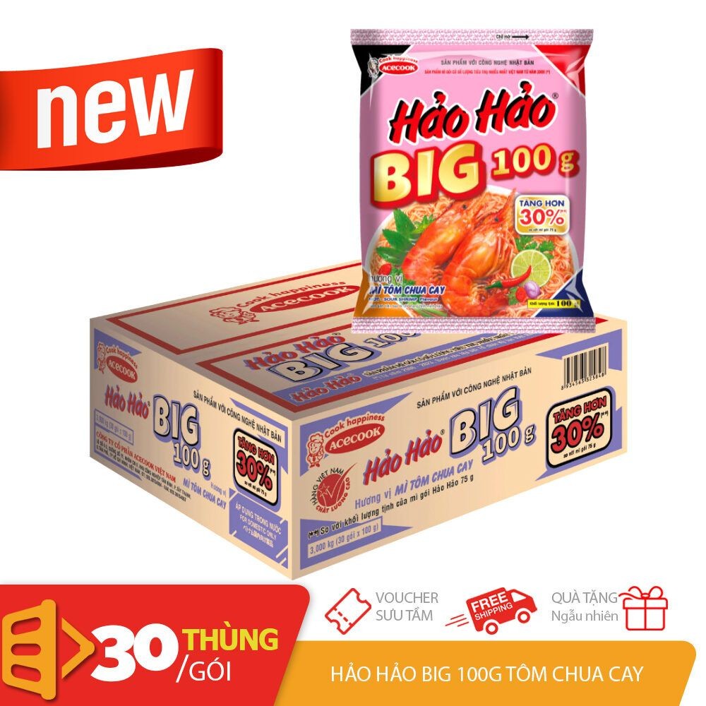 [Mới] Thùng 30 gói mì hảo hảo BIG 100gr Tôm chua caʏ Acecook