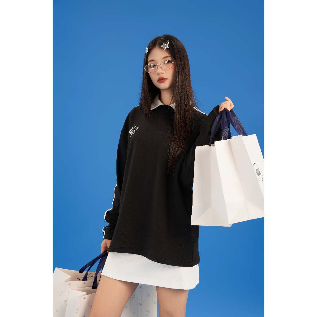 Áo thun dài tay Form rộng NOAM Basic 100% Cotton - Màu trắng/ đen